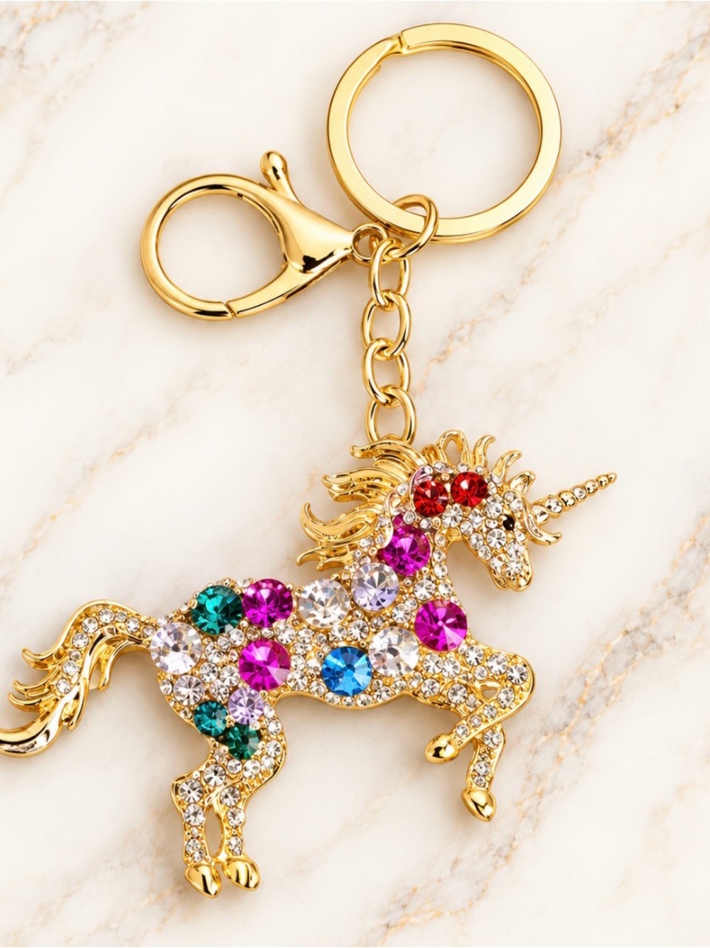 Bag Charm/Keyring-Multicolor Rhinestoned Unicorn Charm-Gold Hardware